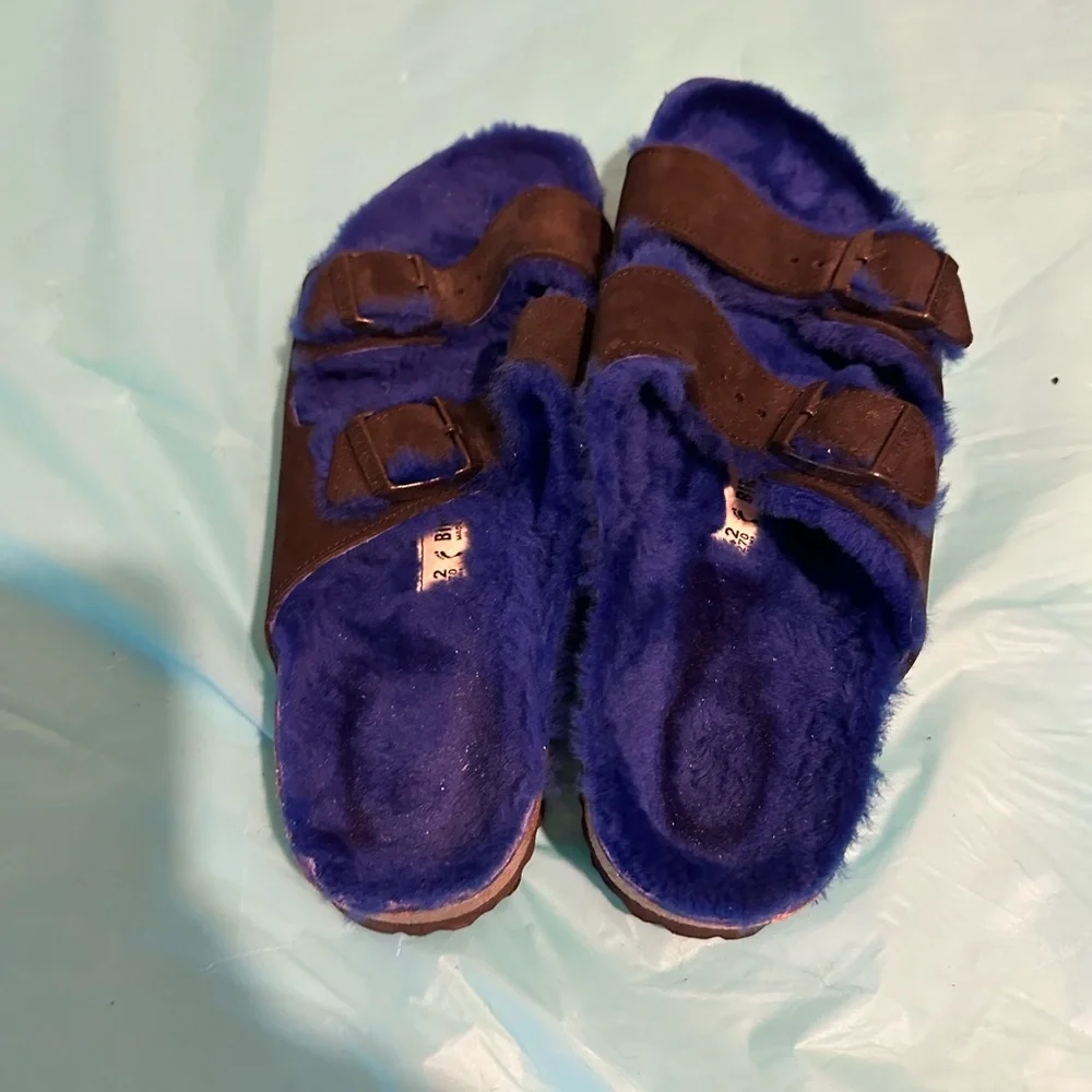 Birkenstock Arizona Shearling Blue and Brown Sandals with Double Straps - Picture 4 of 7